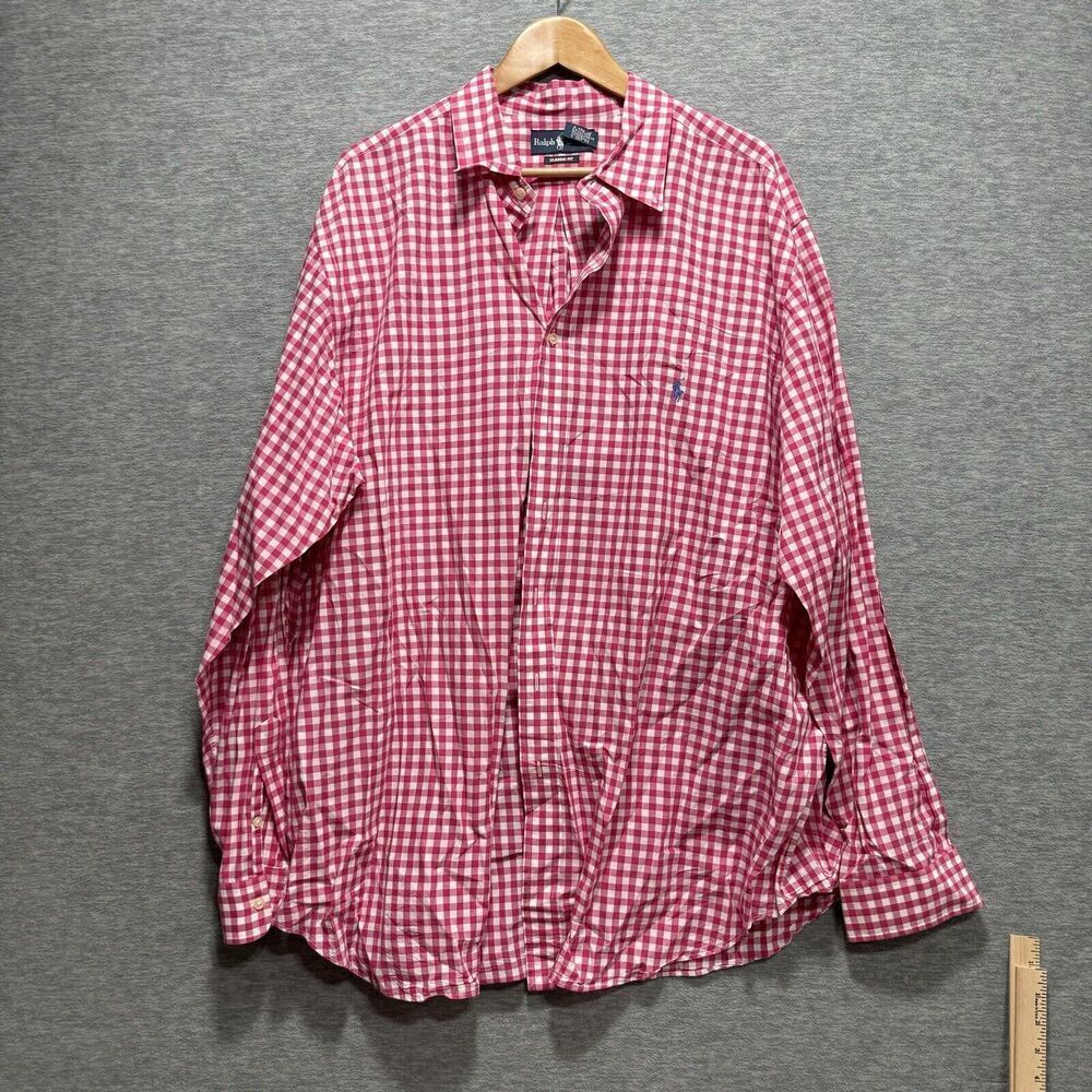 Ralph Lauren Mens Button Up Shirt 2XLT Classic Fit Red Gingham Check Long Sleeve